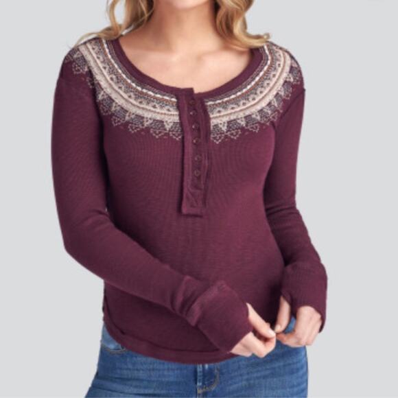FREE PEOPLE WE THE FREE FAIR ISLE THERMAL TOP HENLEY BURGUNDY EMBROIDERED - Picture 1 of 7